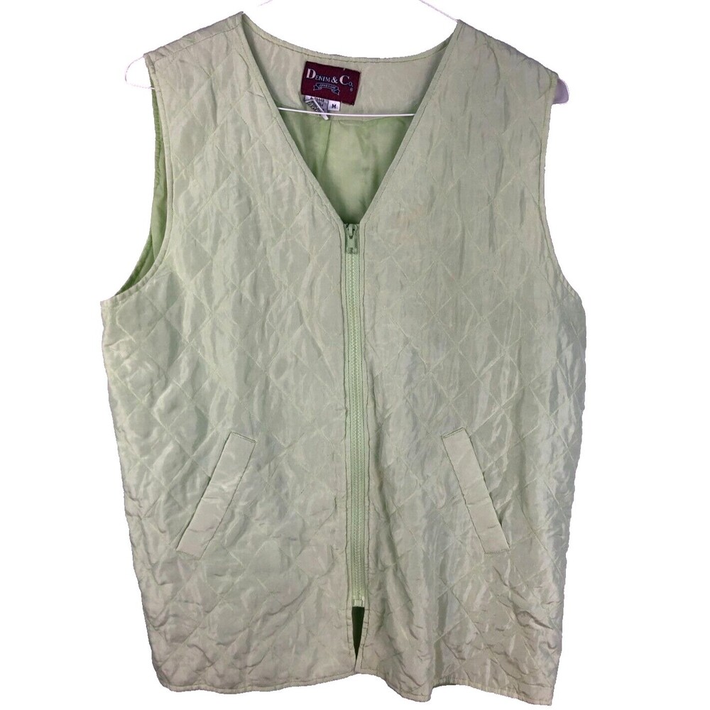 Denim & Co. Women's M 100% Silk Full Zip Sleeveless Quilted Vest Yellow/Green